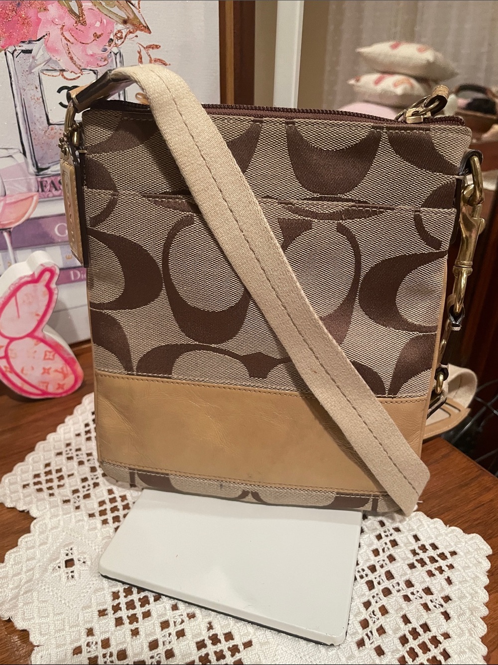 Coach Tan and Beige Signature Canvas Crossbody Bag